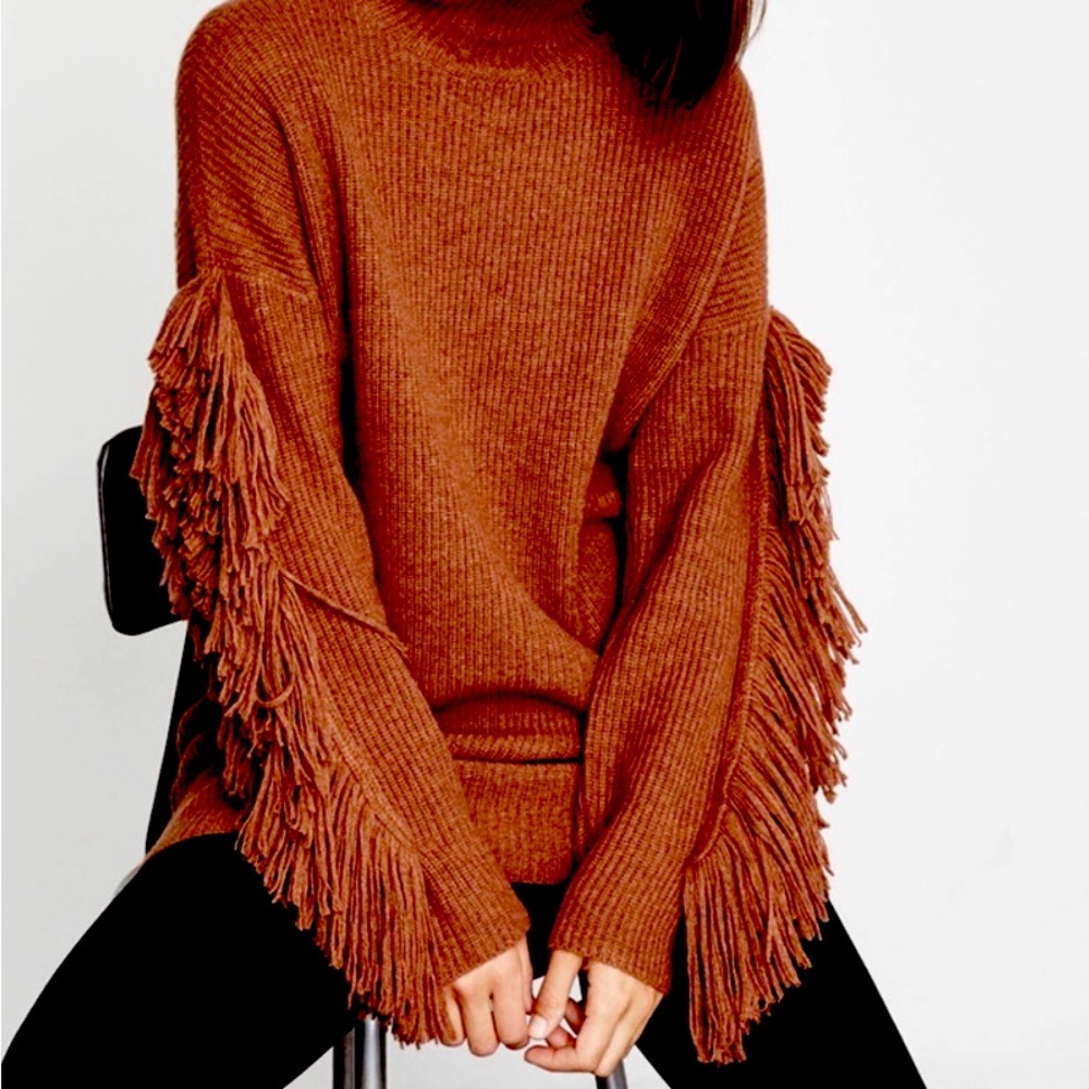 BCBG MAX AZRIA TURTLENECK FRINGE WOOL BLND FRINGE TUNIC SWEATER - SZ L